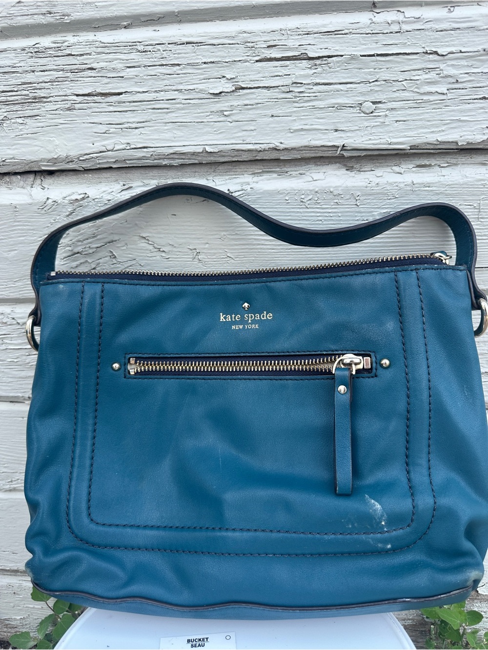 kate spade Teal Blue Leather Shoulder Bag with Front Zip Pocket